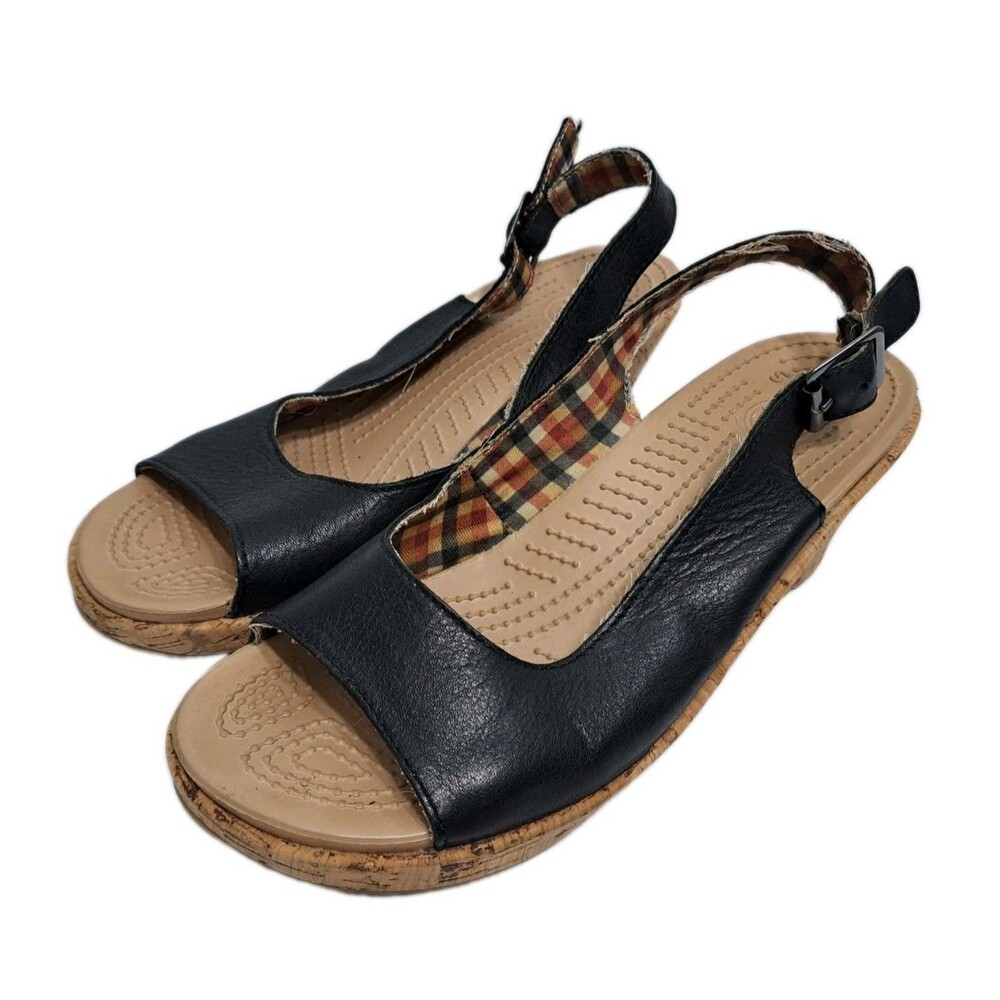Crocs A-Leigh Women's 9 Strappy Cork Wedge Sandal Black Leather Open Toe